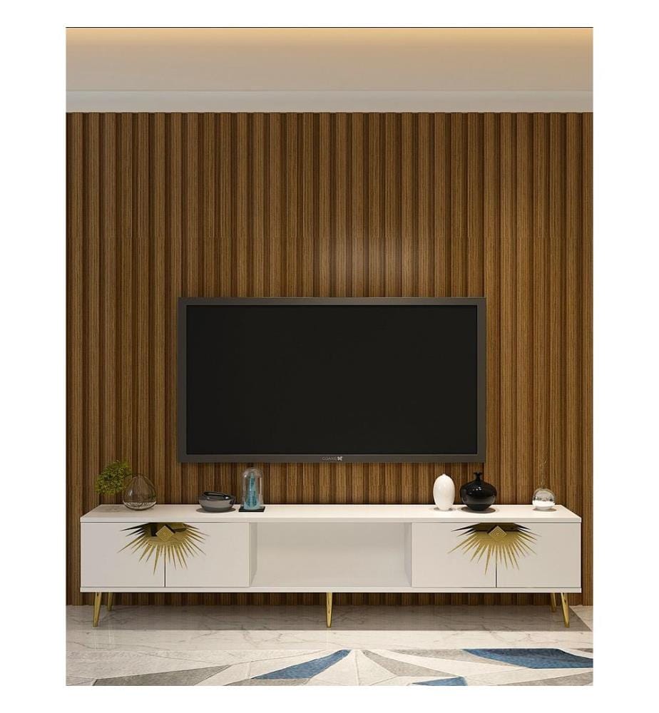 Meuble TV, blanc, doré, PANNEAU DE PARTICULES 100 % MÉLAMINÉ