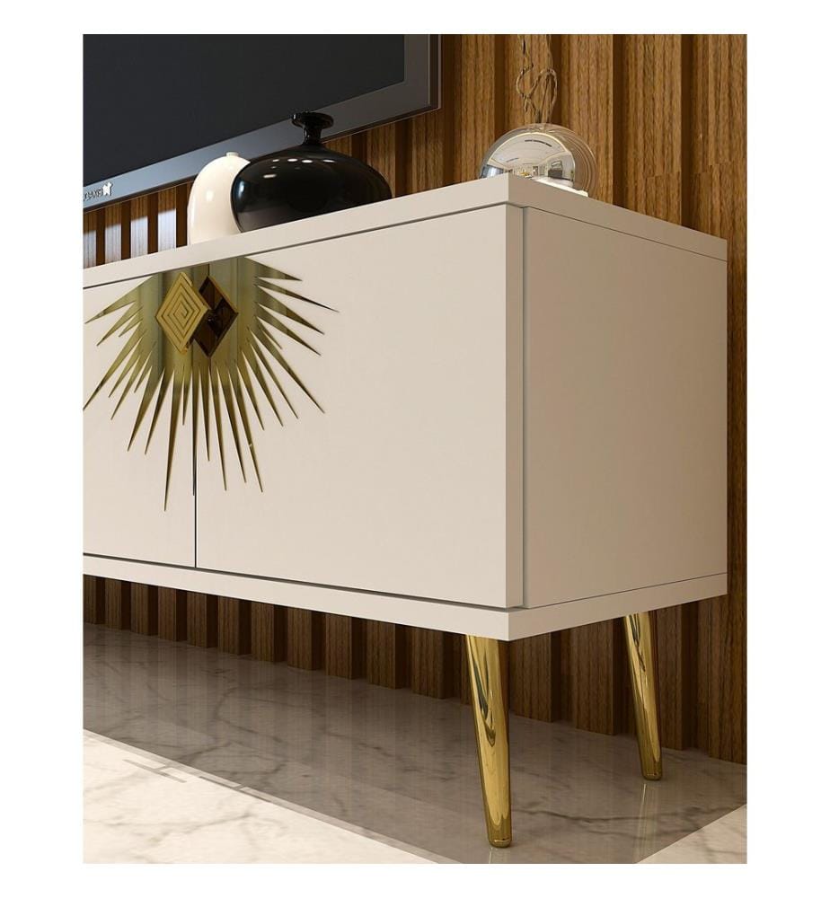 Meuble TV, blanc, doré, PANNEAU DE PARTICULES 100 % MÉLAMINÉ
