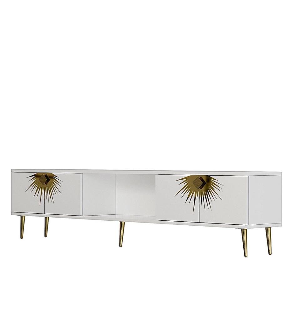 Meuble TV, blanc, doré, PANNEAU DE PARTICULES 100 % MÉLAMINÉ