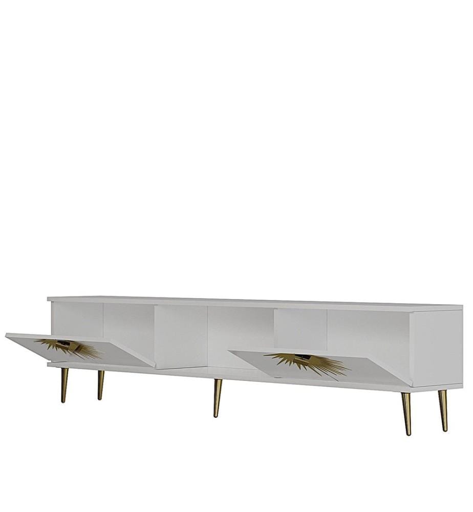 Meuble TV, blanc, doré, PANNEAU DE PARTICULES 100 % MÉLAMINÉ