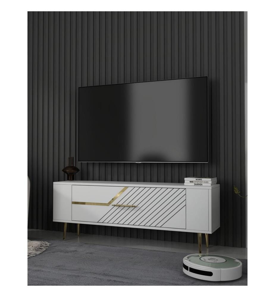 Meuble TV, blanc, doré, PANNEAU DE PARTICULES 100 % MÉLAMINÉ