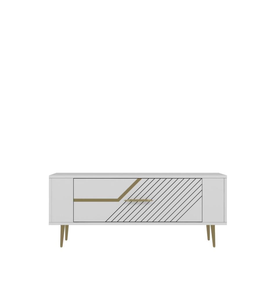 Meuble TV, blanc, doré, PANNEAU DE PARTICULES 100 % MÉLAMINÉ