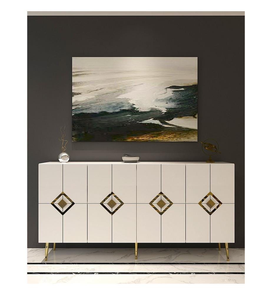 Console, blanc, doré, PANNEAU DE PARTICULES 100 % MÉLAMINÉ