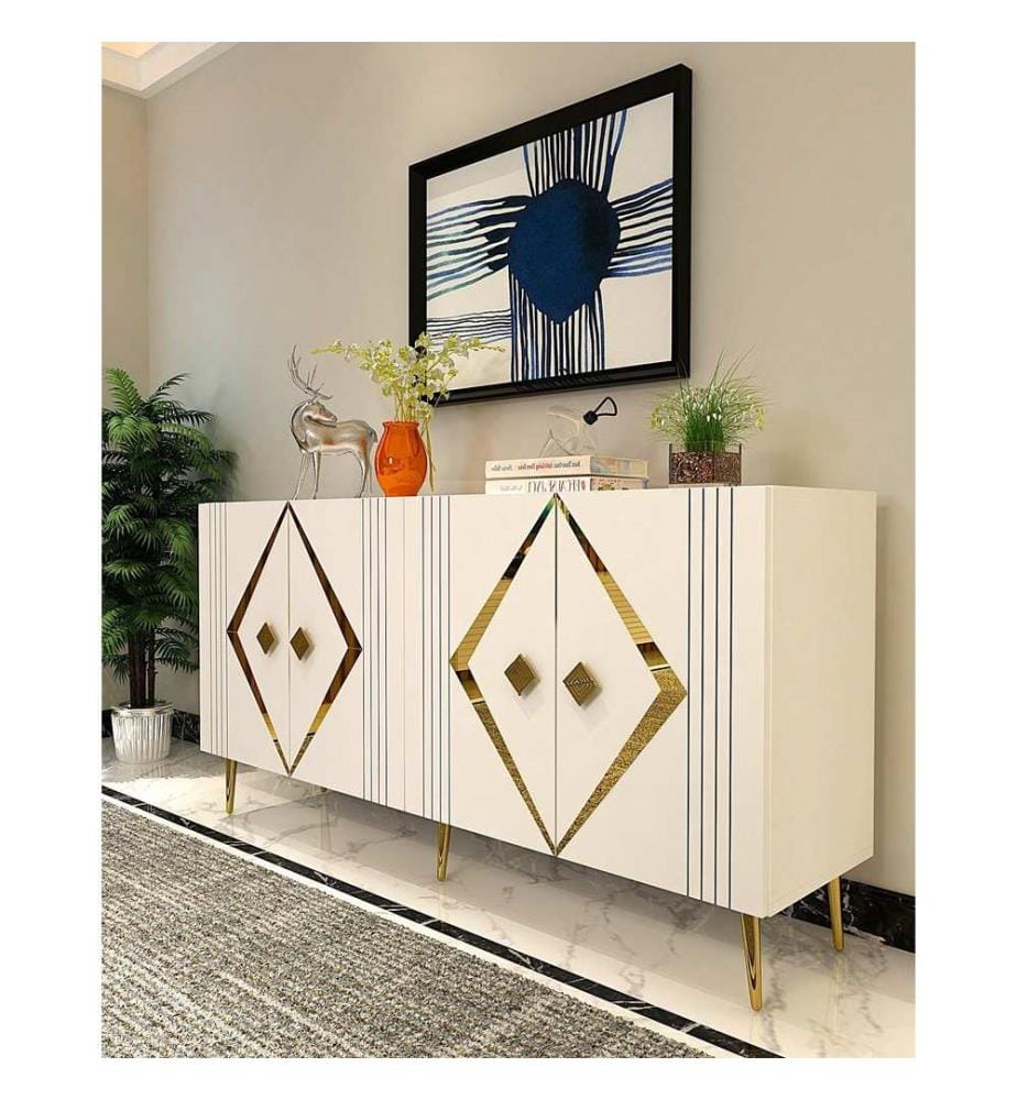Console, blanc, doré, PANNEAU DE PARTICULES 100 % MÉLAMINÉ