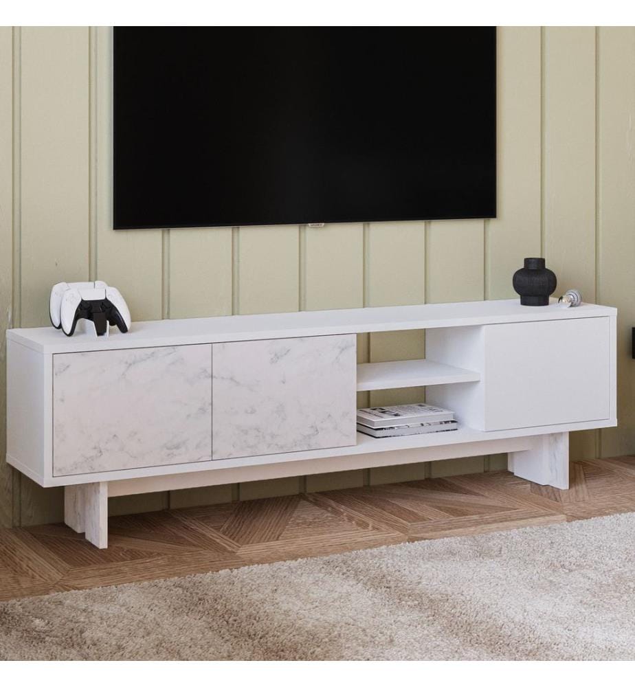 Meuble TV, panneau de particules 100 % mélaminé, blanc, marbre