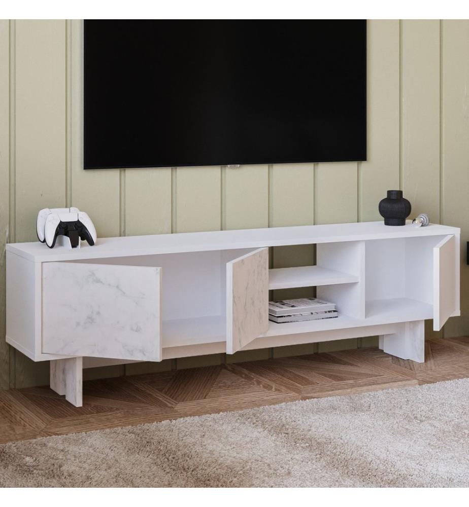 Meuble TV, panneau de particules 100 % mélaminé, blanc, marbre