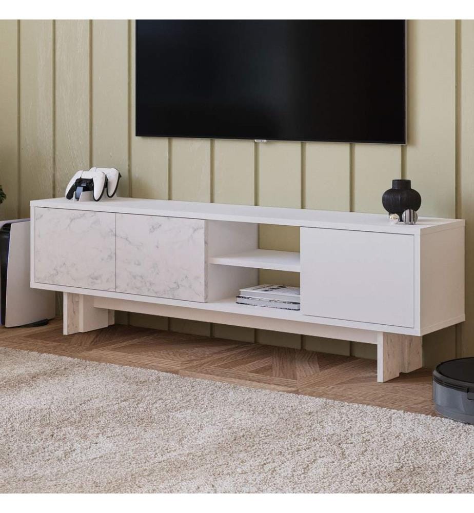 Meuble TV, panneau de particules 100 % mélaminé, blanc, marbre