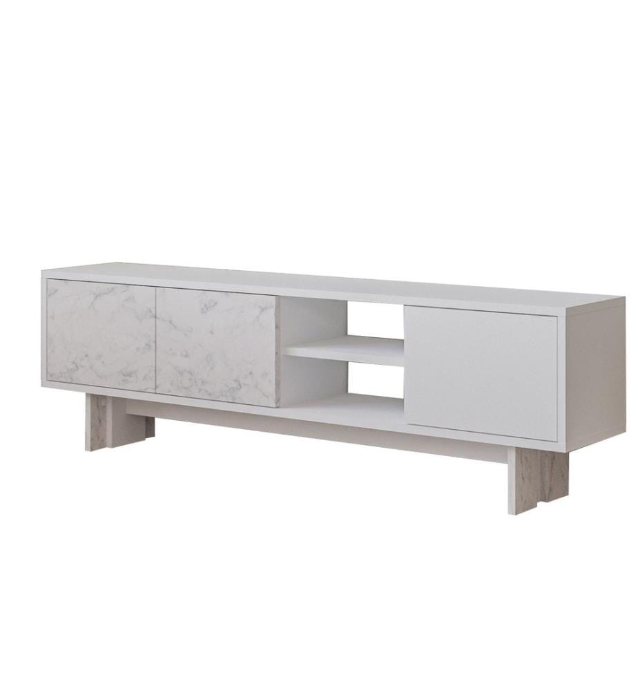 Meuble TV, panneau de particules 100 % mélaminé, blanc, marbre
