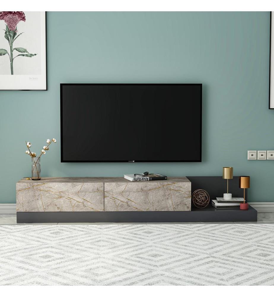 Meuble TV, panneau de particules 100 % mélaminé, marbre Gordion, anthracite