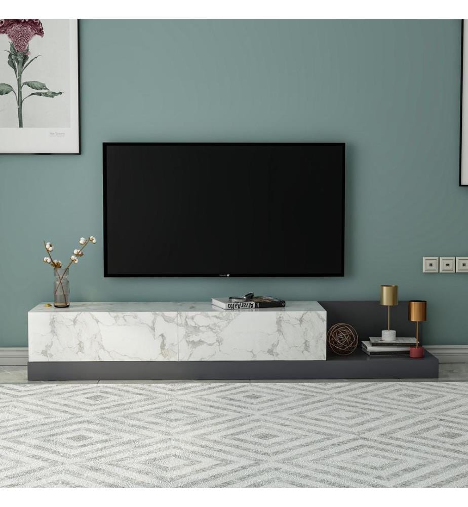 Meuble TV, panneau de particules 100 % mélaminé, marbre Marmo, anthracite