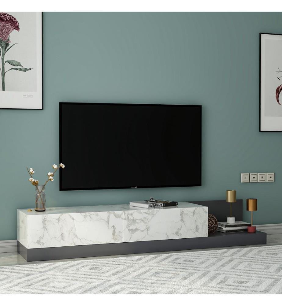 Meuble TV, panneau de particules 100 % mélaminé, marbre Marmo, anthracite