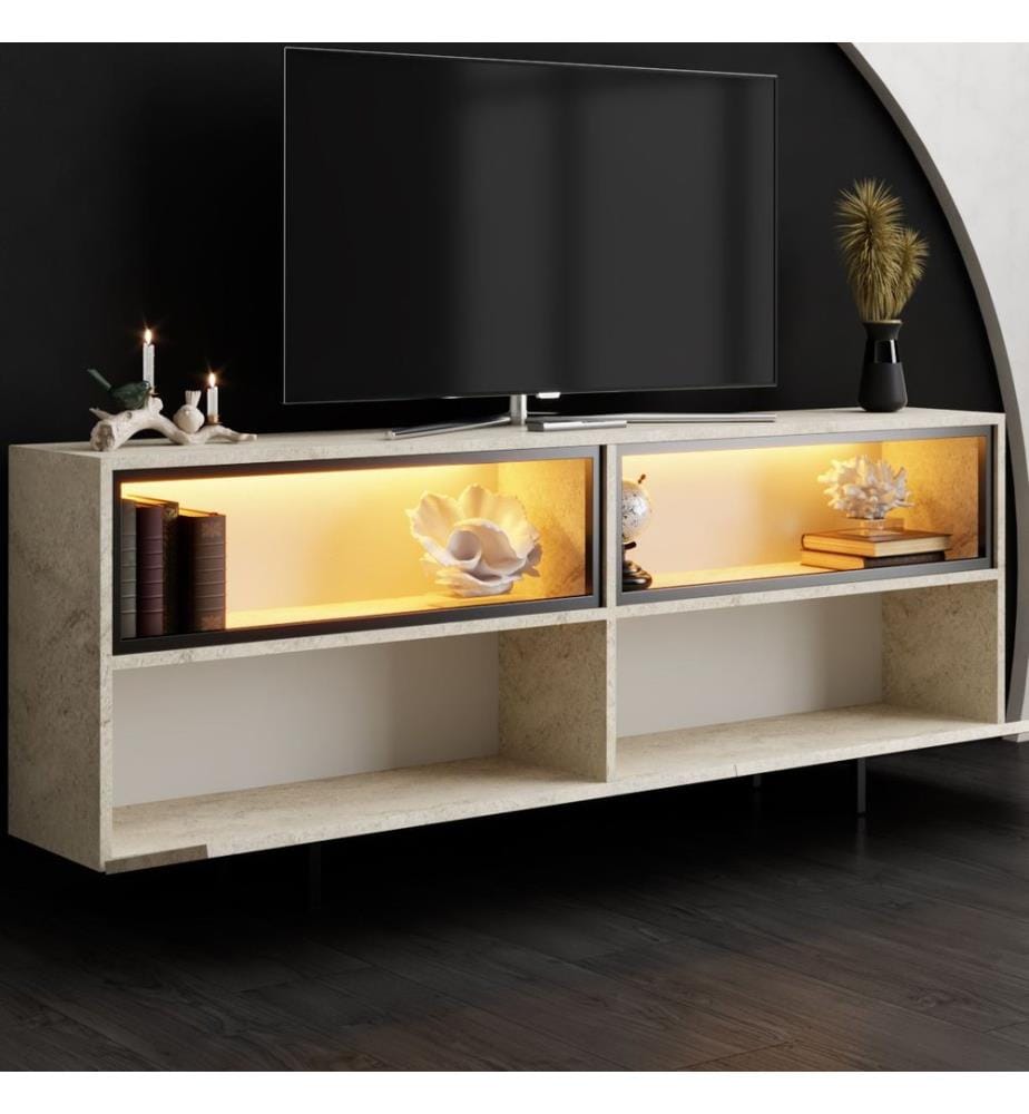 Meuble TV, panneau de particules 100 % mélaminé, travertin