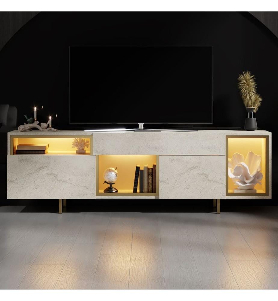 Meuble TV, panneau de particules 100 % mélaminé, travertin, doré