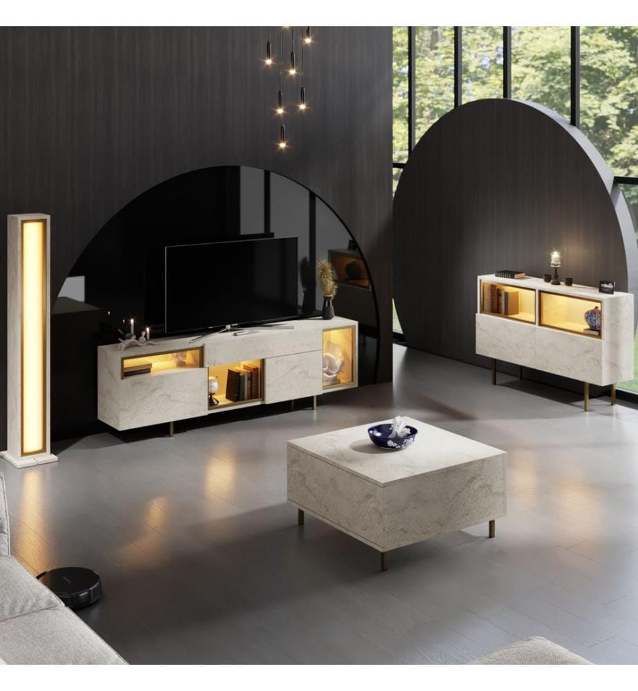 Meuble TV, panneau de particules 100 % mélaminé, travertin, doré