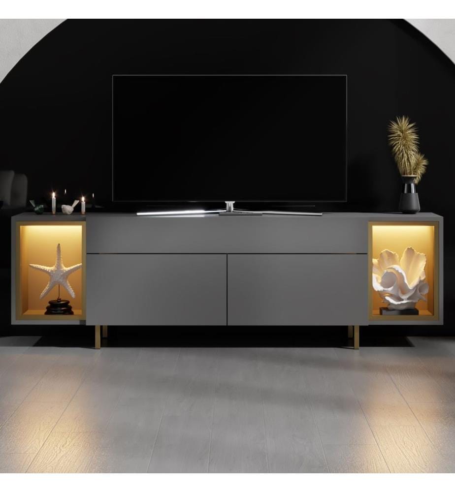 Meuble TV, panneau de particules 100 % mélaminé, anthracite, or
