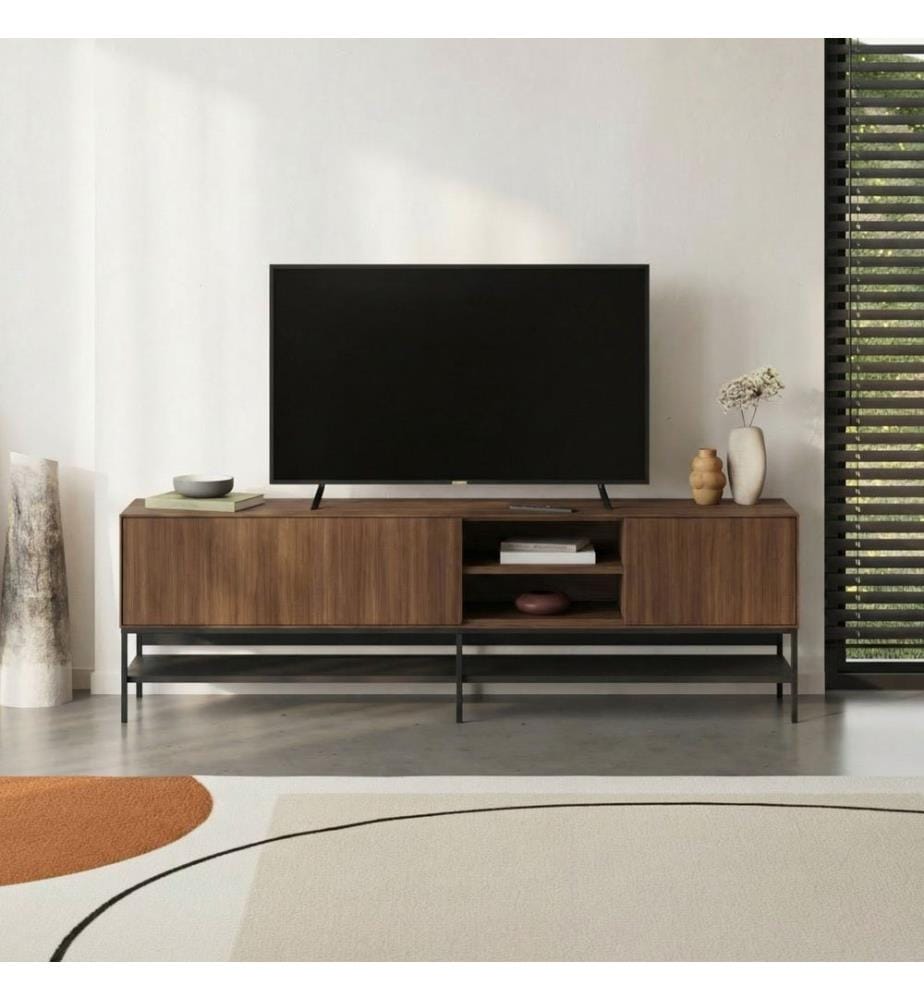 Meuble TV, panneaux de particules 100 % mélaminés, noyer Milano, bois noir, noir