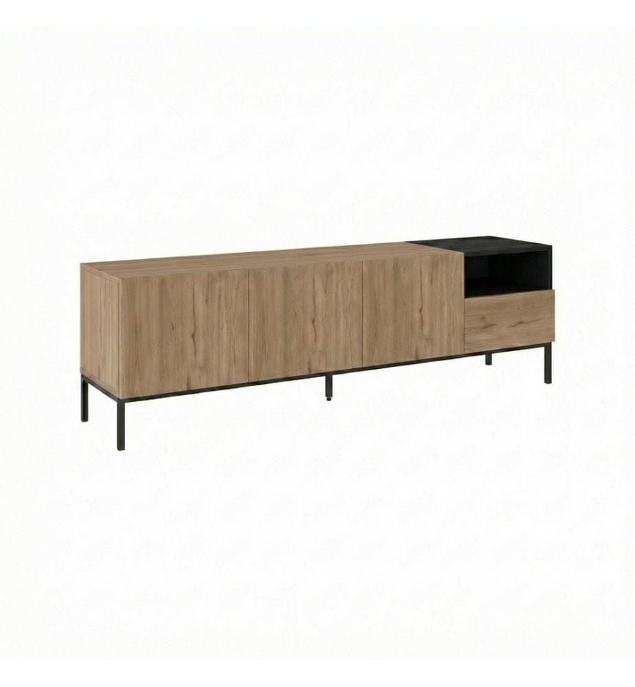 TV-Ständer, 100 % melaminbeschichtete Spanplatte, Sepet-Eiche, Holz Schwarz, Sandstein
