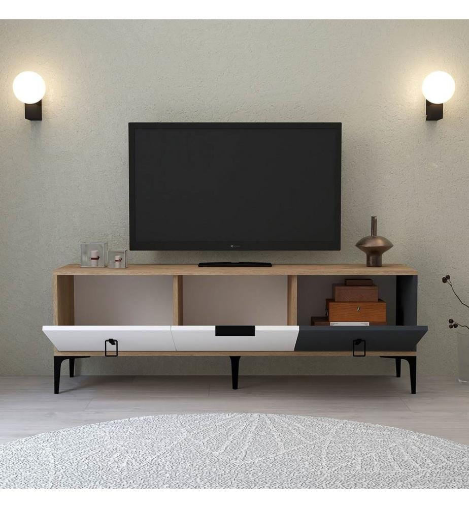 Meuble TV, panneaux de particules 100 % mélaminés, chêne, blanc, anthracite