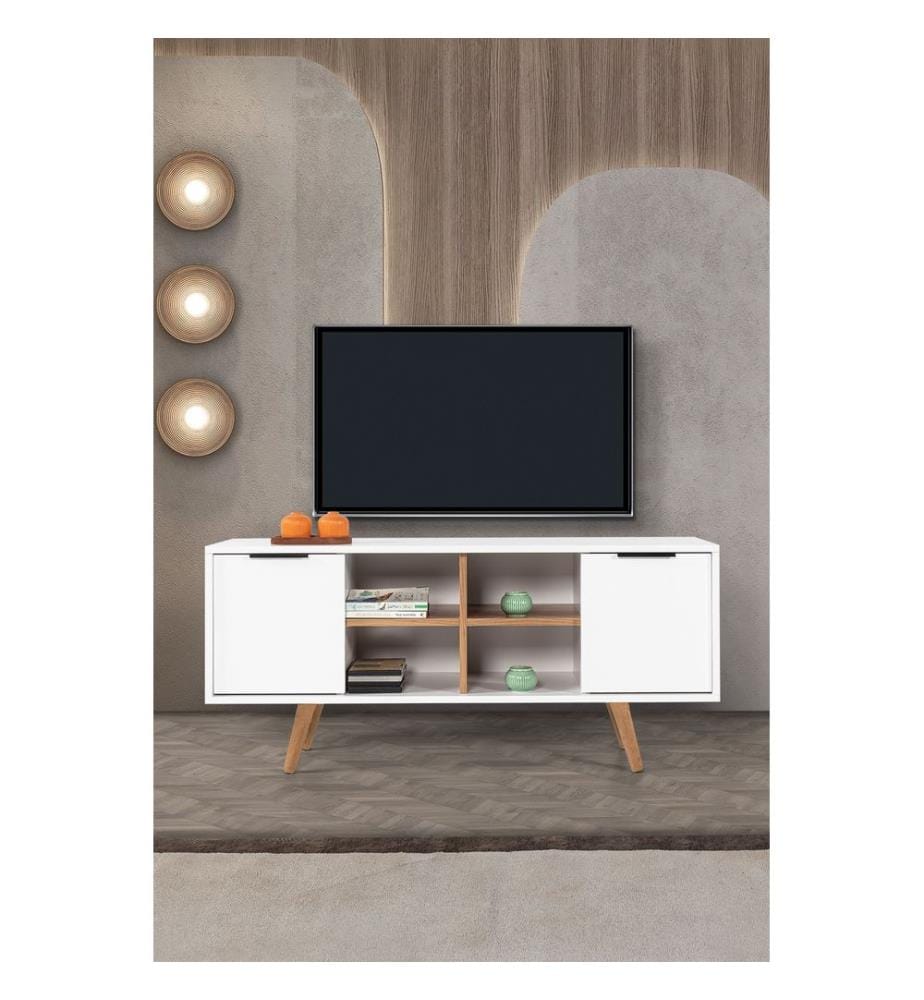 Meuble TV, panneaux de particules 100 % mélaminés, blanc, noyer