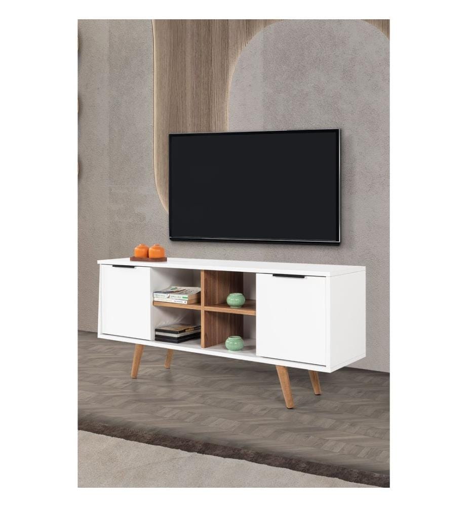 Meuble TV, panneaux de particules 100 % mélaminés, blanc, noyer
