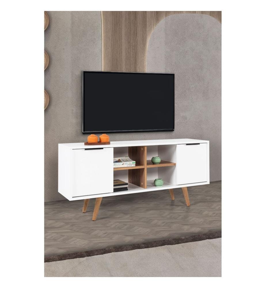 Meuble TV, panneaux de particules 100 % mélaminés, blanc, noyer