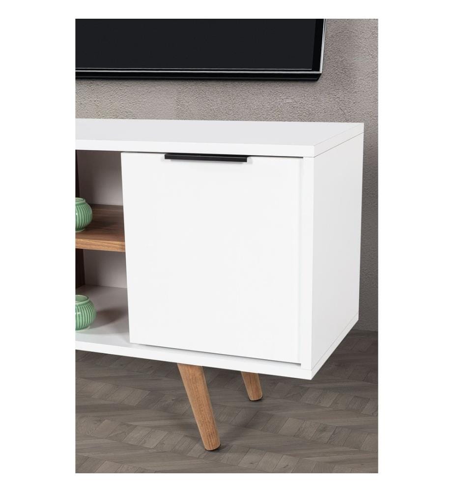 Meuble TV, panneaux de particules 100 % mélaminés, blanc, noyer