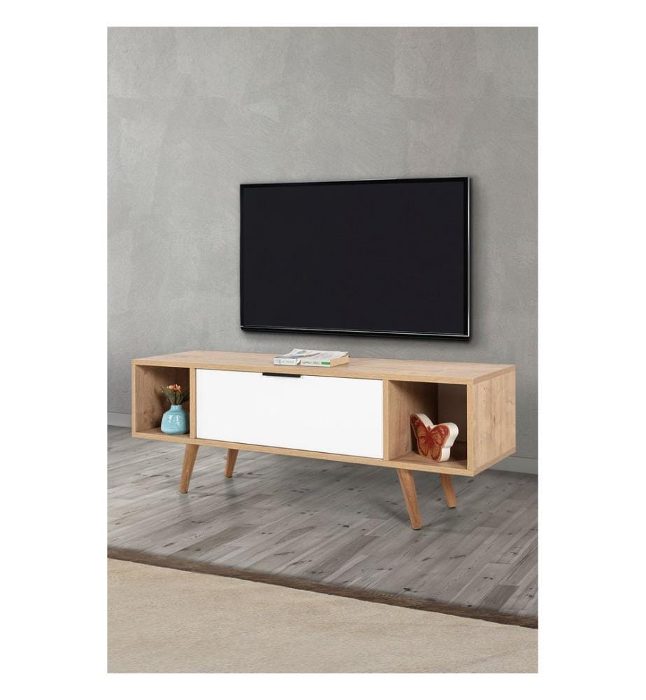 Meuble TV, panneaux de particules 100 % mélaminés, chêne saphir, blanc