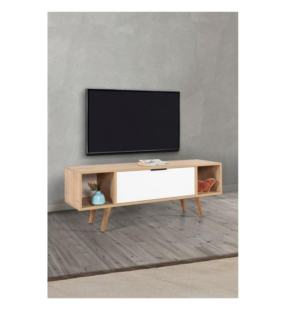 Meuble TV, panneaux de particules 100 % mélaminés, chêne saphir, blanc