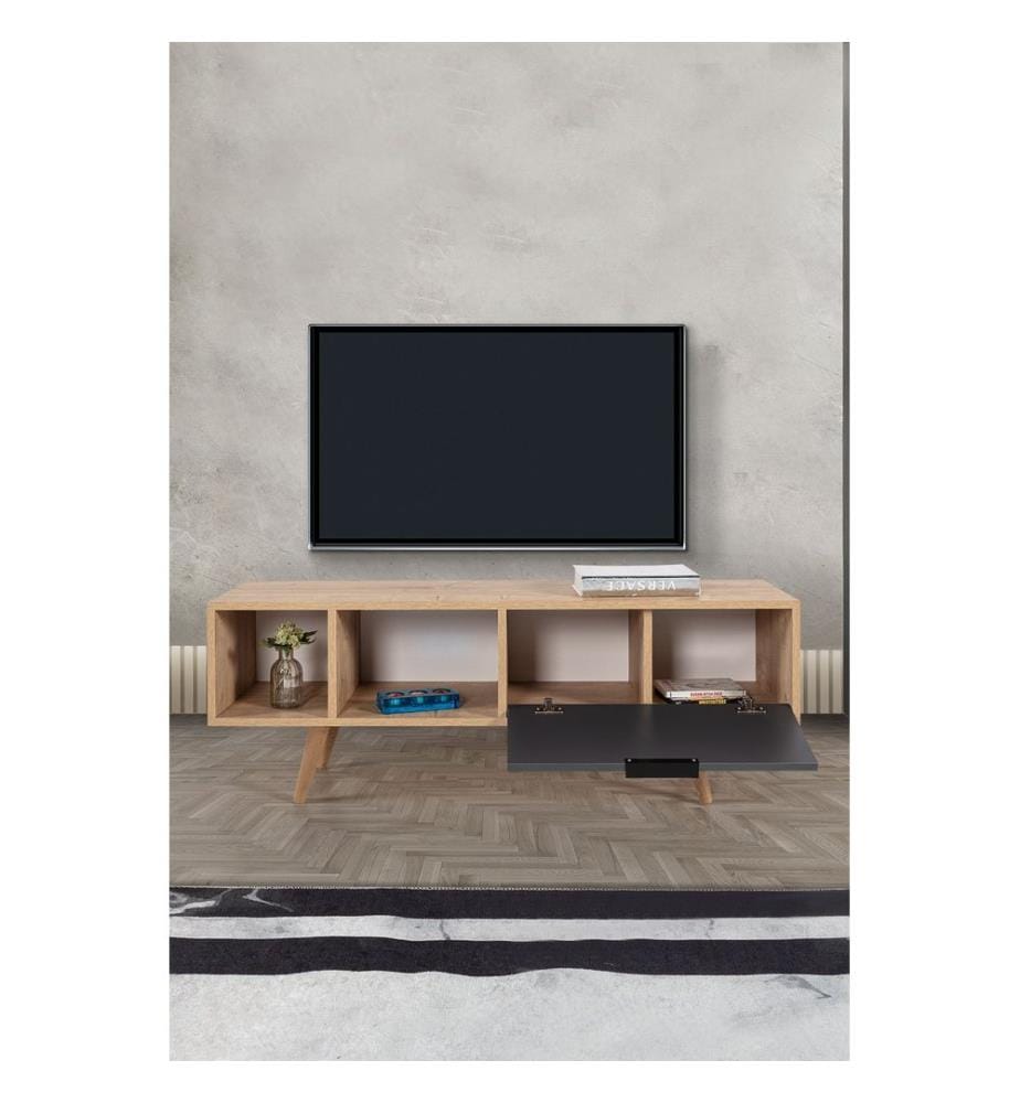 Meuble TV, panneaux de particules 100 % mélaminés, chêne saphir, anthracite