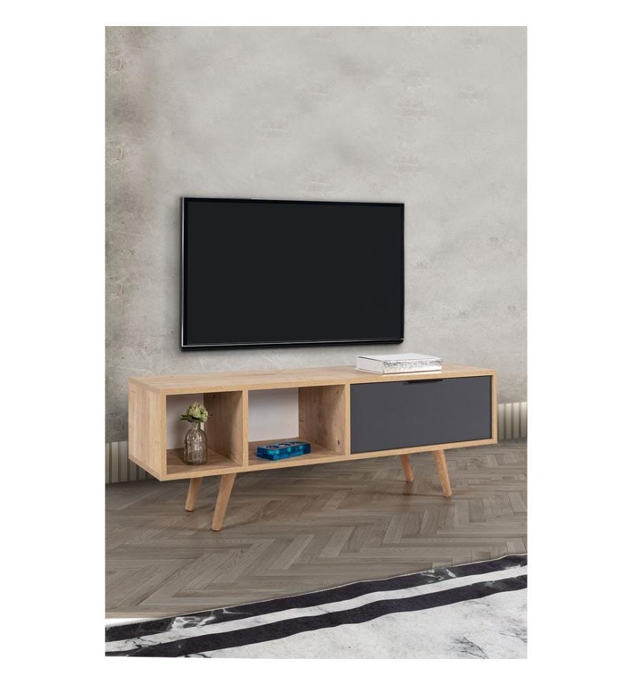 Meuble TV, panneaux de particules 100 % mélaminés, chêne saphir, anthracite