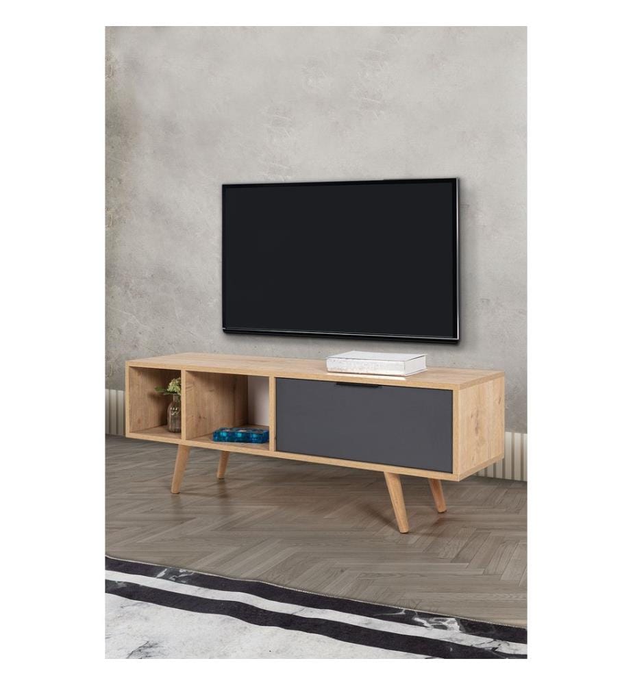 Meuble TV, panneaux de particules 100 % mélaminés, chêne saphir, anthracite