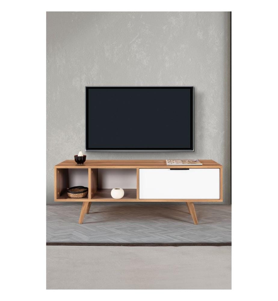 Meuble TV, panneaux de particules 100 % mélaminés, noyer, blanc