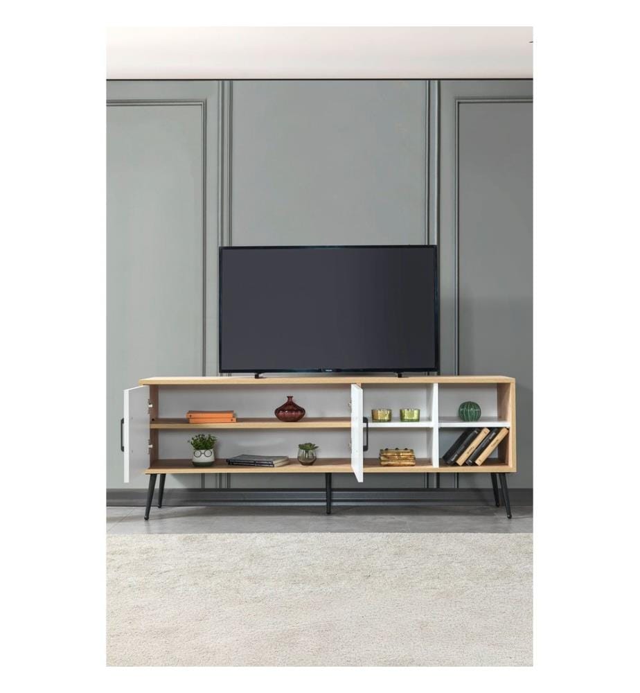 Meuble TV, panneaux de particules 100 % mélaminés, chêne saphir, blanc