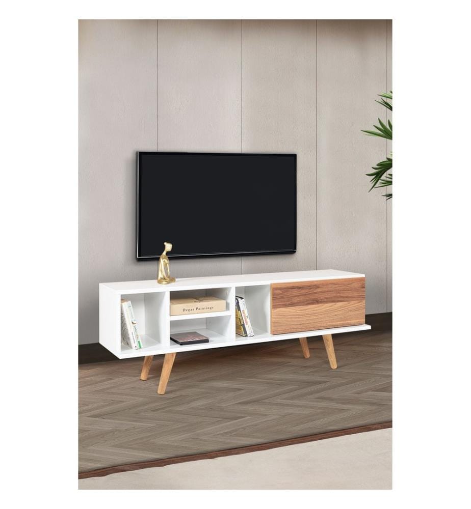 Meuble TV, panneaux de particules 100 % mélaminés, blanc, noyer