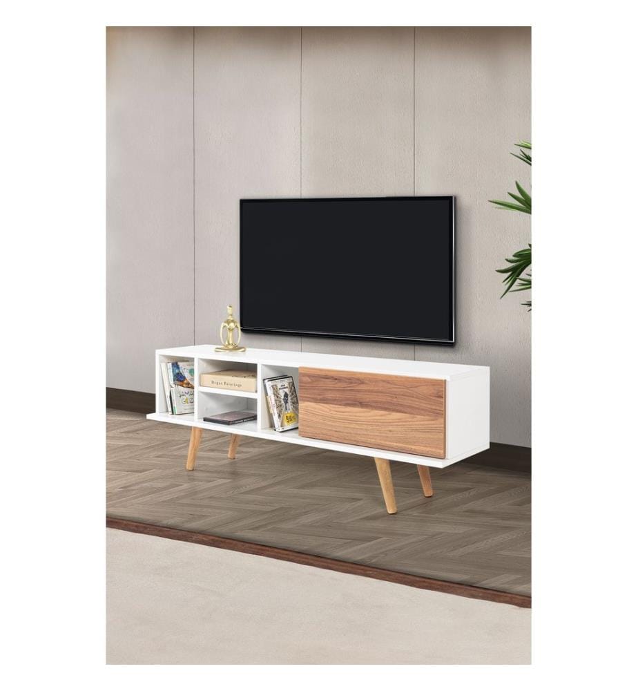 Meuble TV, panneaux de particules 100 % mélaminés, blanc, noyer