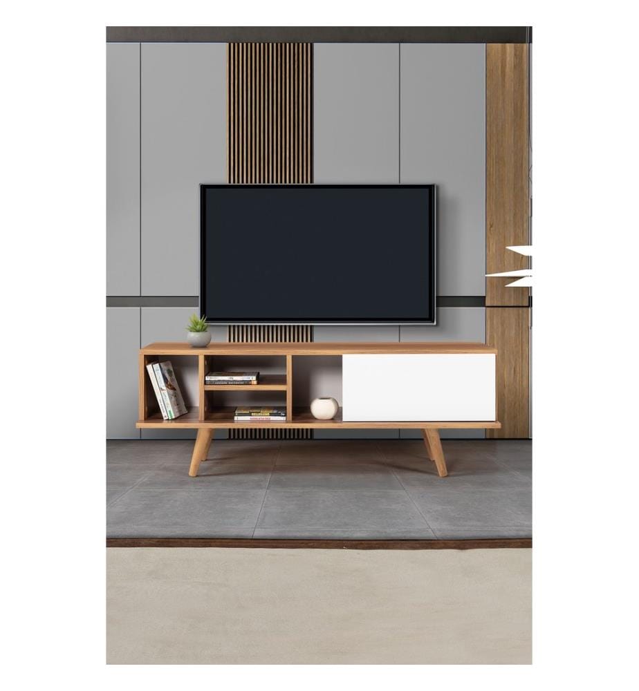 Meuble TV, panneaux de particules 100 % mélaminés, noyer, blanc