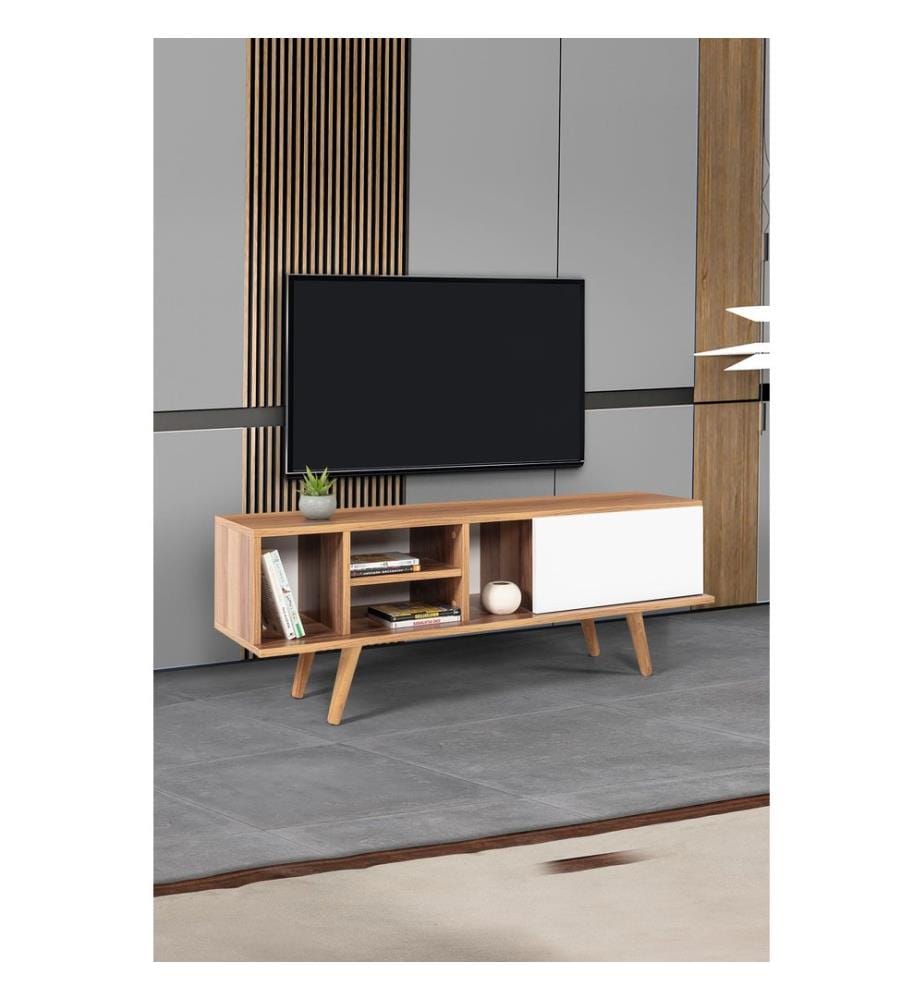 Meuble TV, panneaux de particules 100 % mélaminés, noyer, blanc