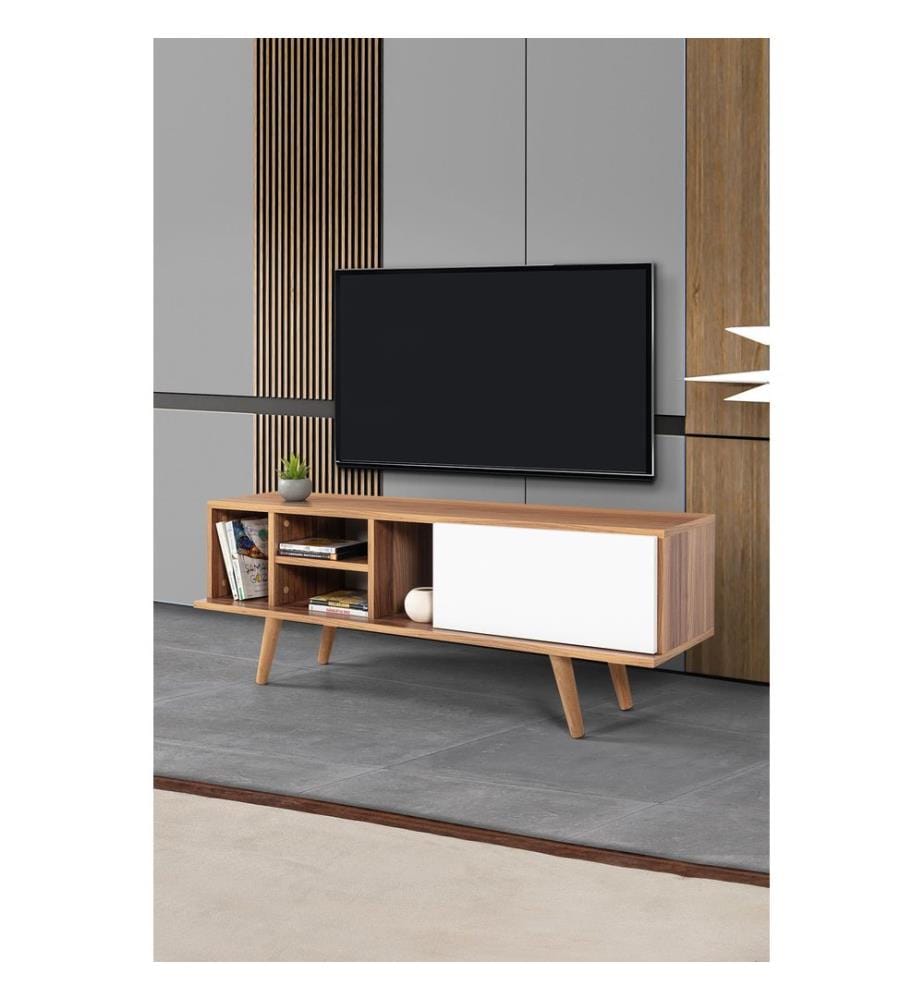 Meuble TV, panneaux de particules 100 % mélaminés, noyer, blanc
