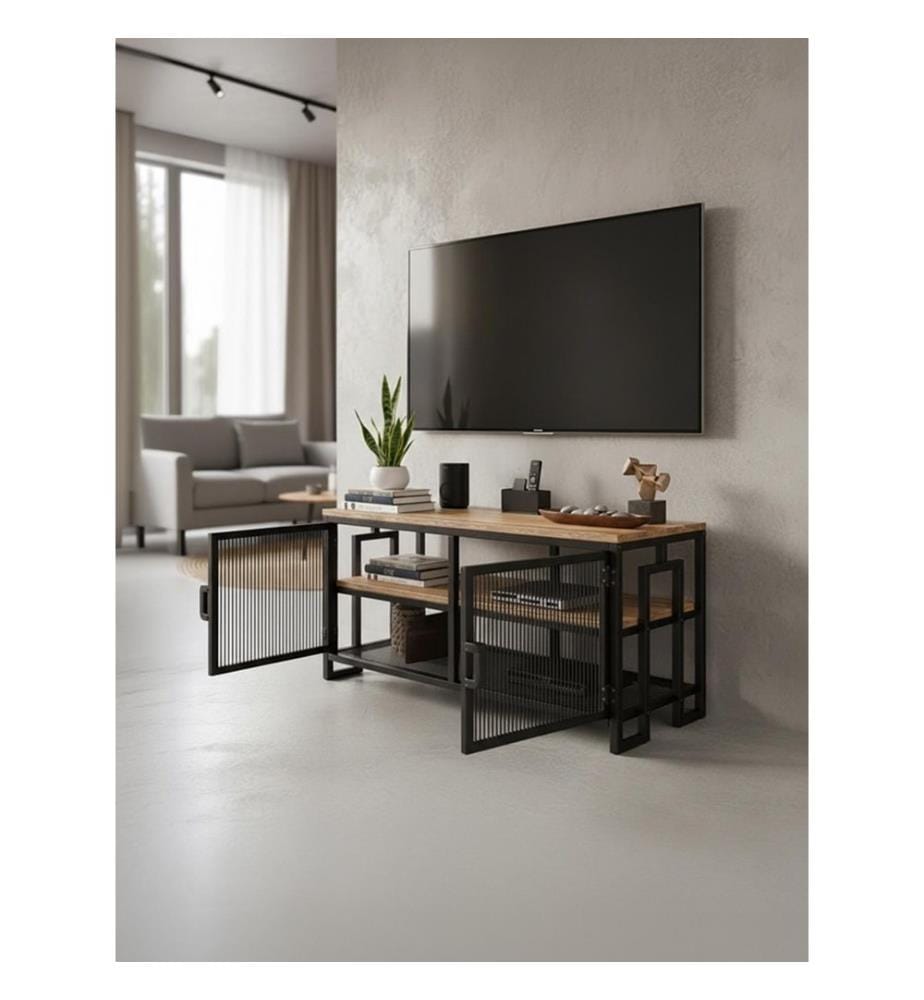 Meuble TV, structure métallique et panneaux de particules mélaminés, pin de l'Atlantique, noir