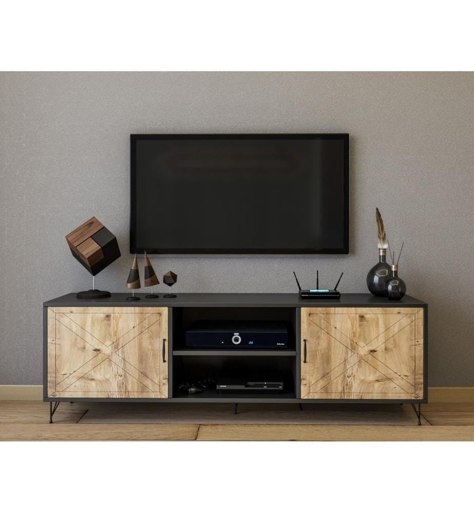 TV-Ständer, 100 % melaminbeschichtete Spanplatte, Anthrazit, Eiche
