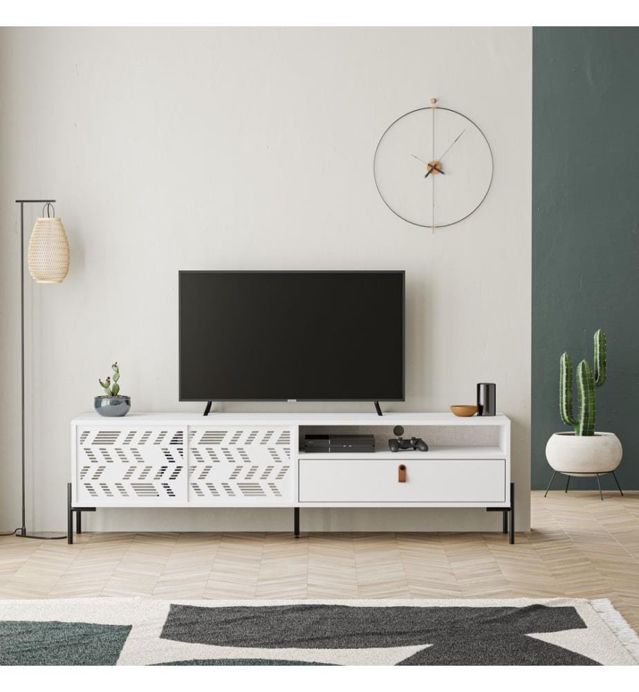 Meuble TV, panneau de particules 100 % mélaminé, blanc