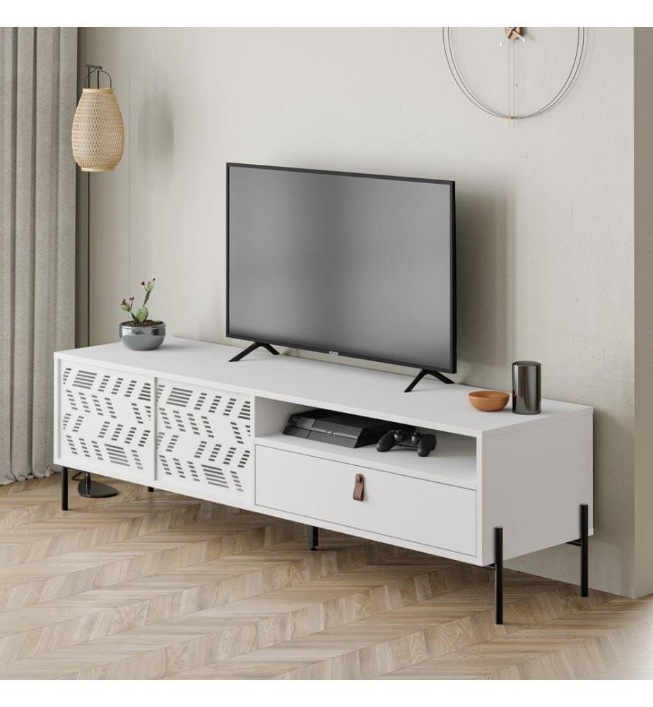 Meuble TV, panneau de particules 100 % mélaminé, blanc