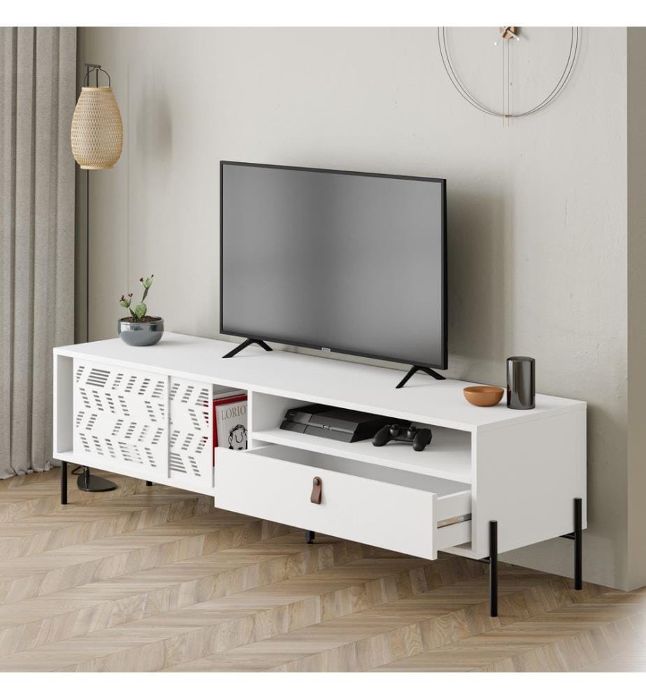 Meuble TV, panneau de particules 100 % mélaminé, blanc