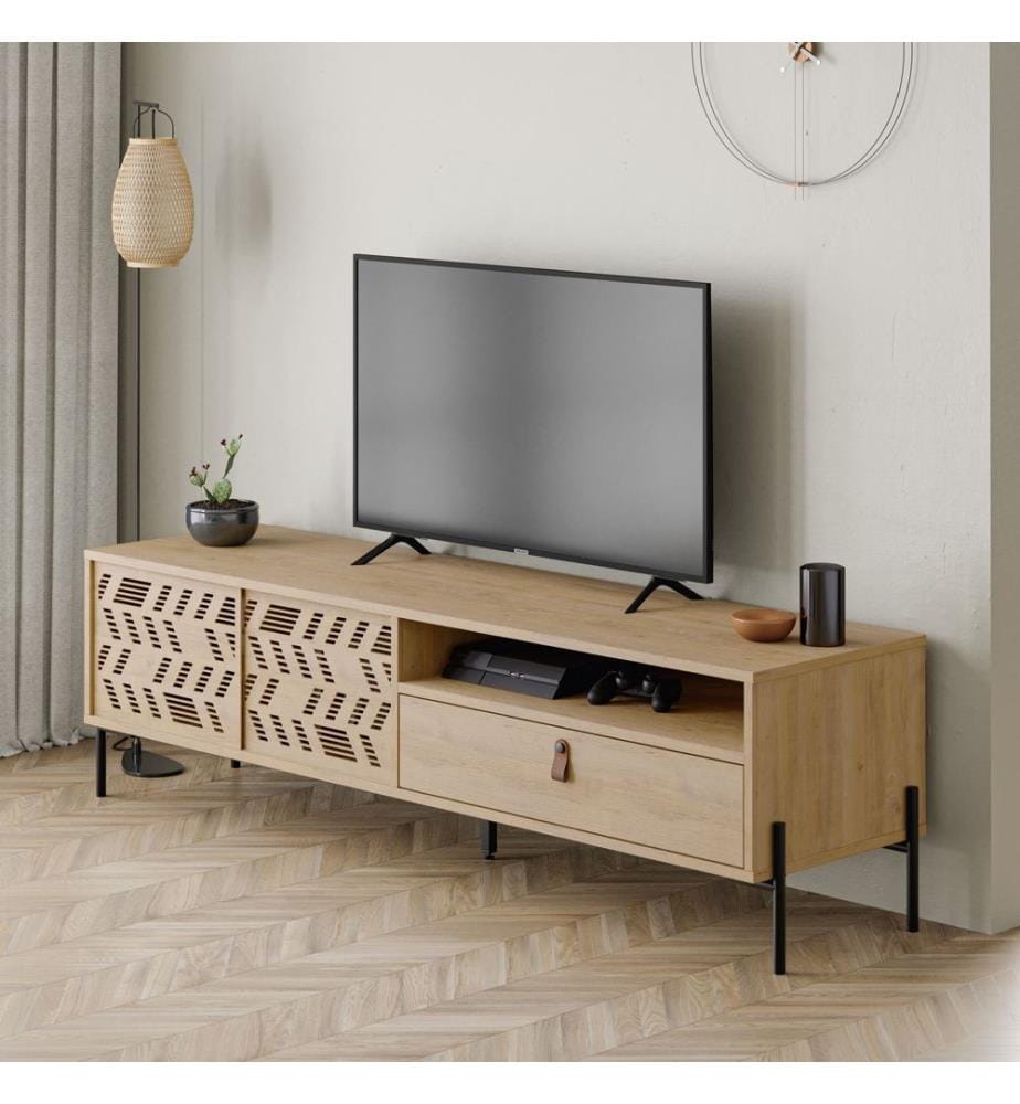 Meuble TV, panneau de particules 100 % mélaminé, chêne saphir