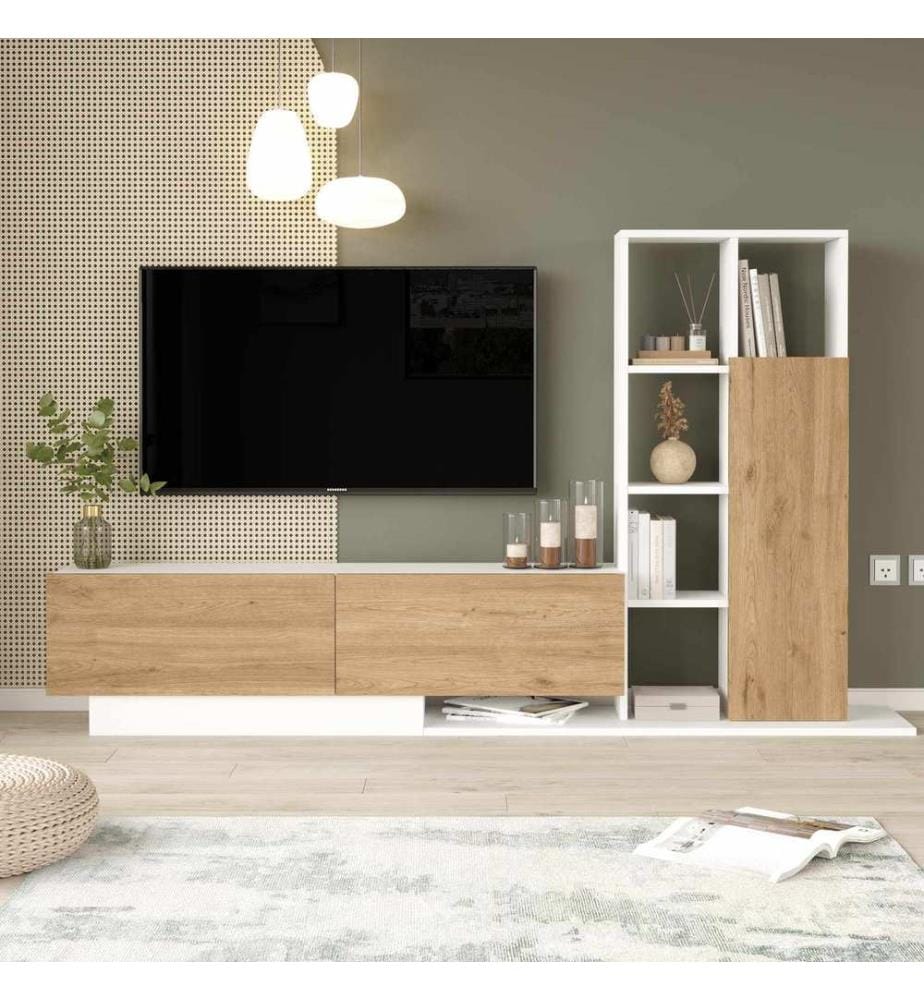 Meuble TV, panneau de particules 100 % mélaminé, naturel, blanc