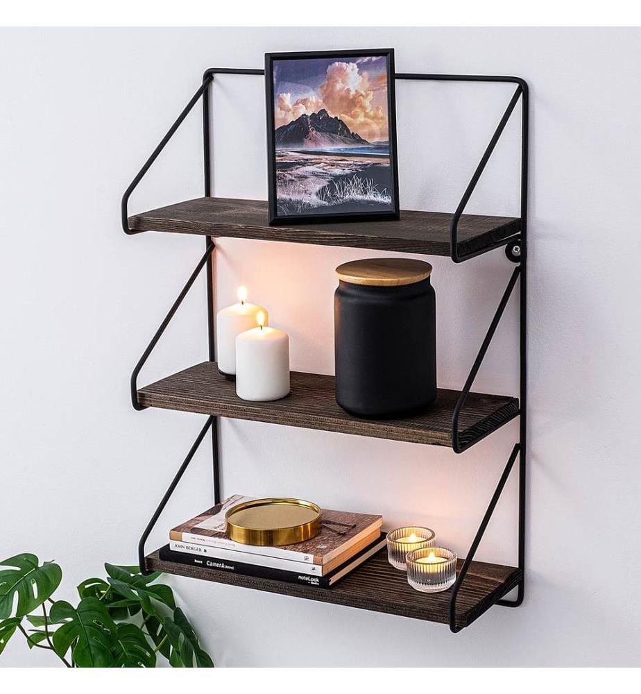 Wall Shelf, BlackWalnut, Spruce Wood, Metal Frame