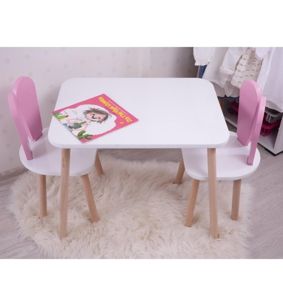 Ensemble de table pour enfants, rose, blanc, 100 % MDF, pieds en bois de hêtre