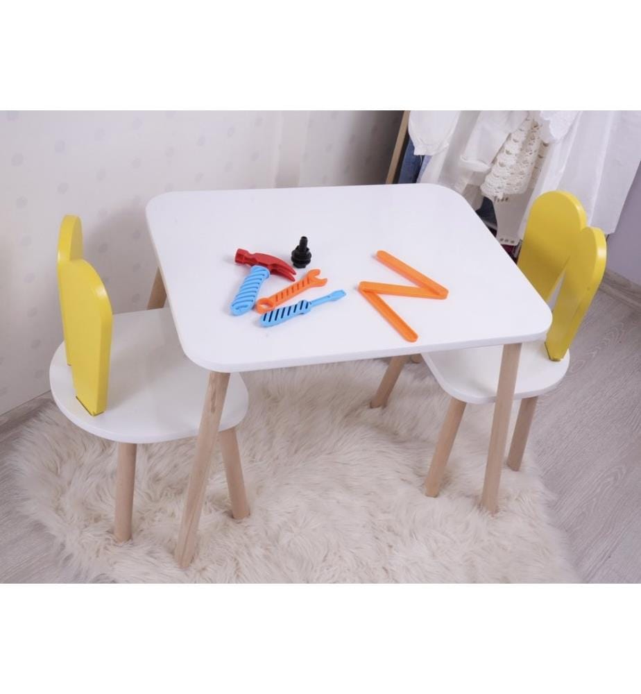 Ensemble de table pour enfants, jaune, blanc, 100 % MDF, pieds en bois de hêtre