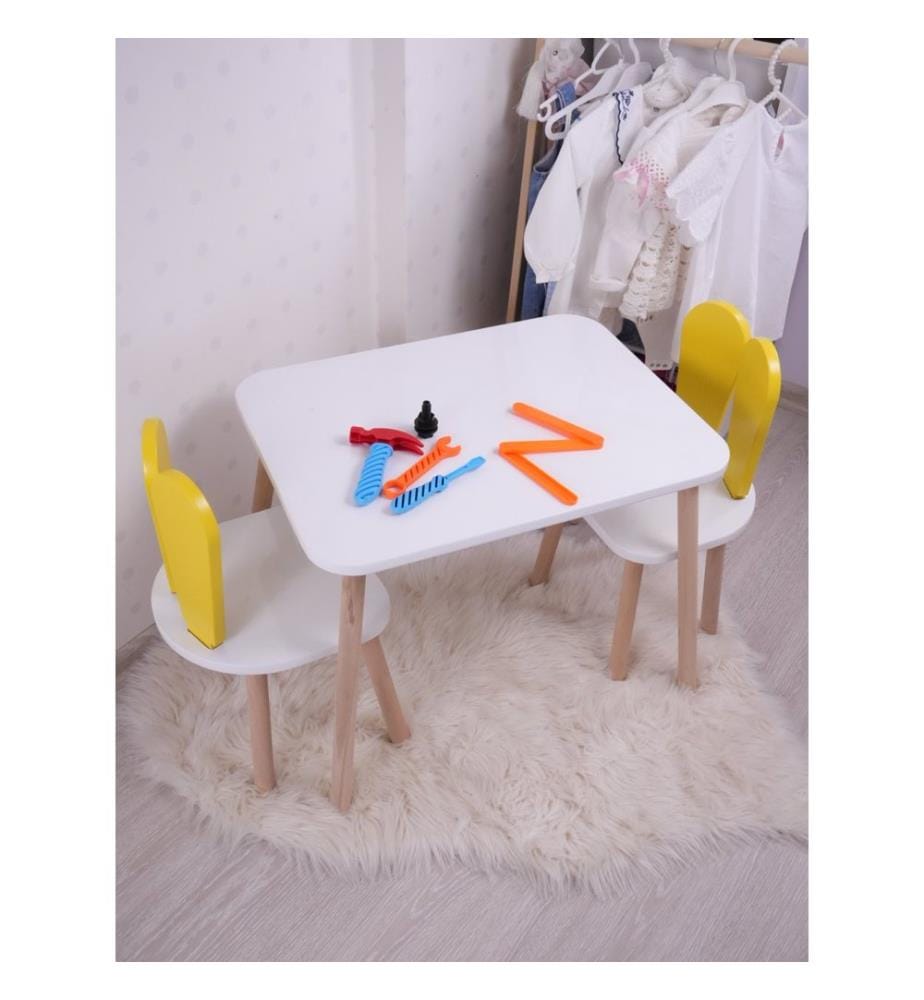 Ensemble de table pour enfants, jaune, blanc, 100 % MDF, pieds en bois de hêtre