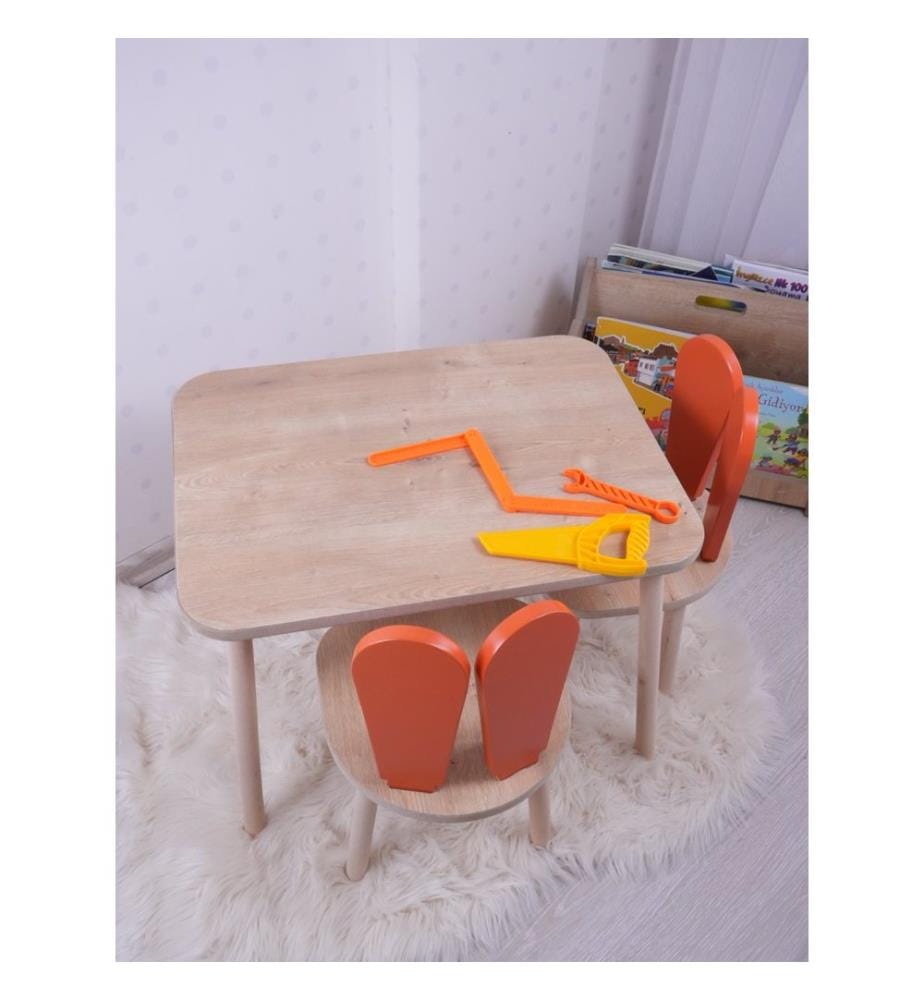 Ensemble de table pour enfants, orange, marron, 100 % MDF, pieds en bois de hêtre